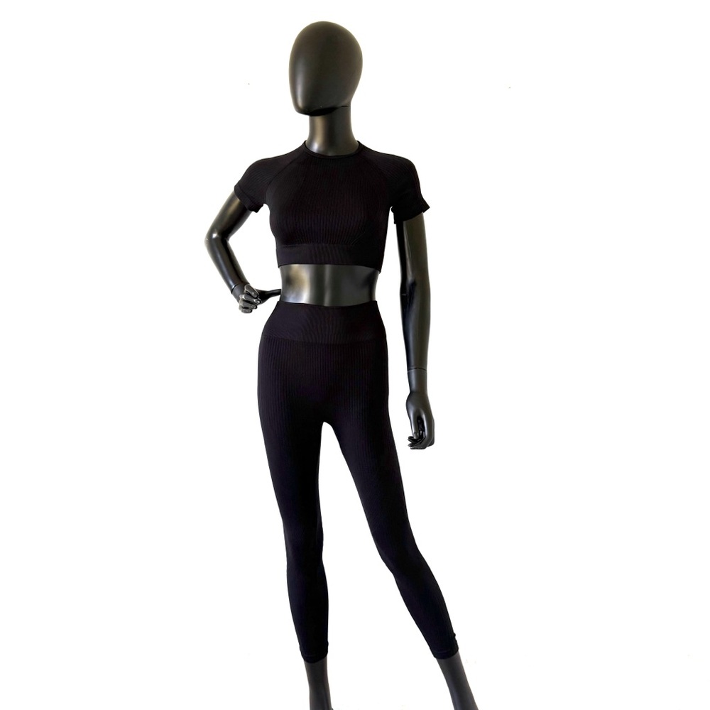 Seamless Two Pieces Gym Set Crop Top Slim Fit Tee High Waist Leggings High Rise